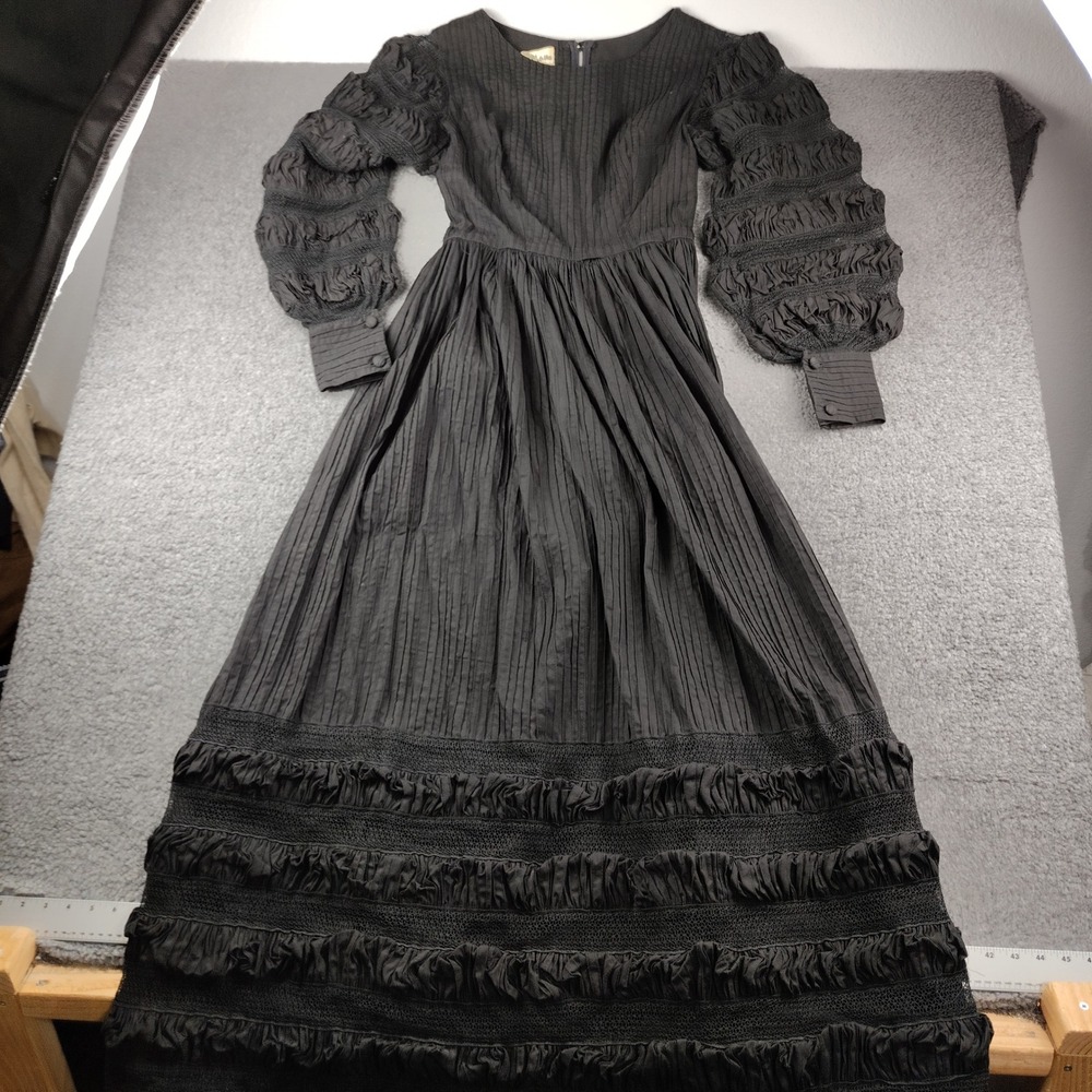 VTG Tachi Castillo Mexican Cotton Maxi Dress Black Lace Ruffle Tiered Sz 12